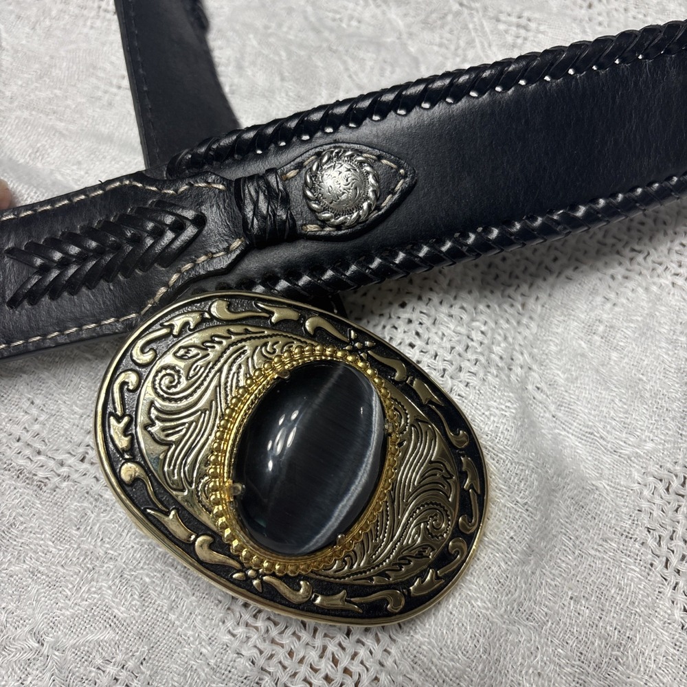 Vtg Nocona Leather Belt Mens 38 Blaxk Western Buckle  Stone Tooled Buckle